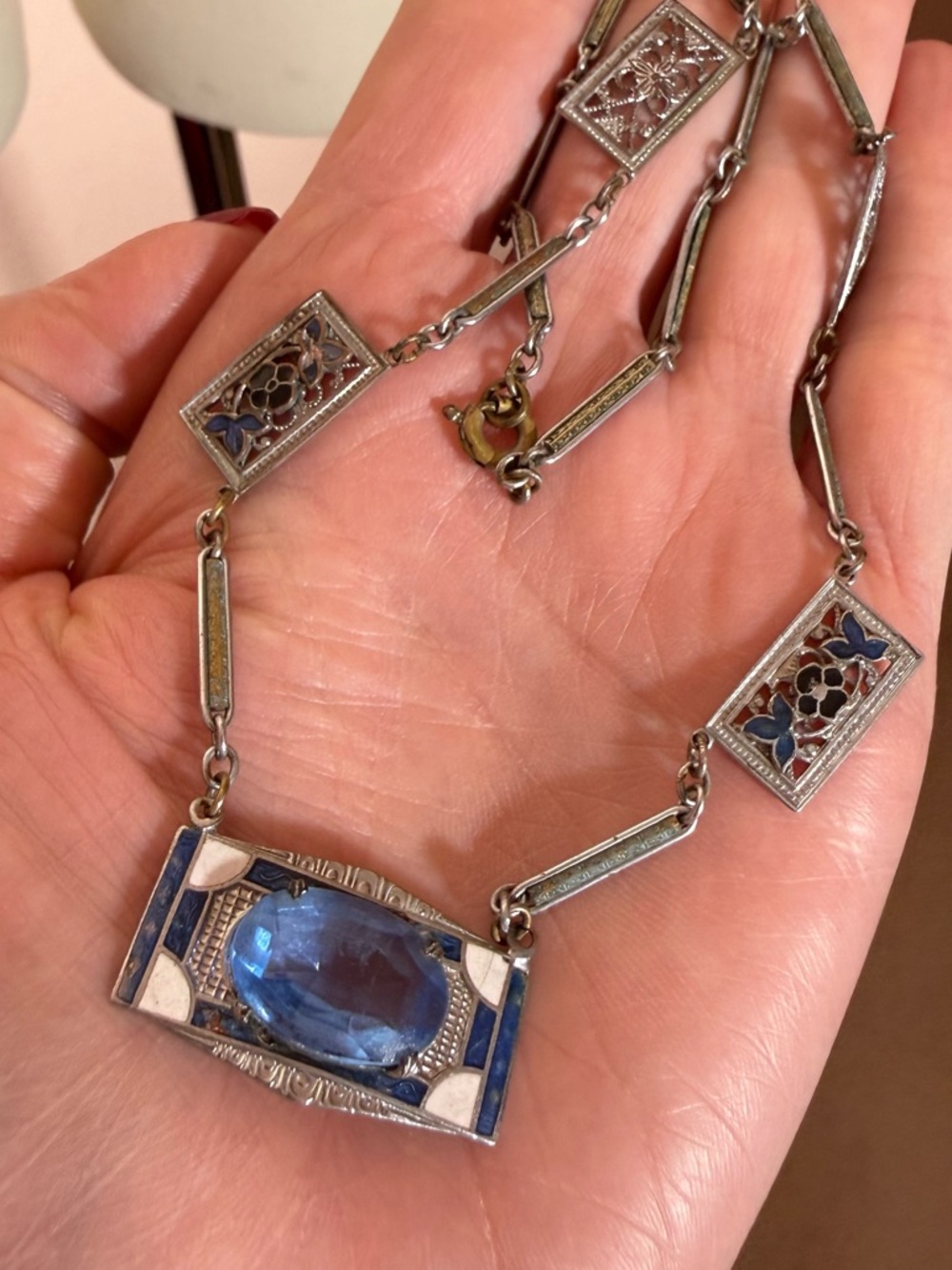 Antique Art Deco 1920 Blue Checho Glass Guilloche enamel choker Necklace - Picture 5 of 17